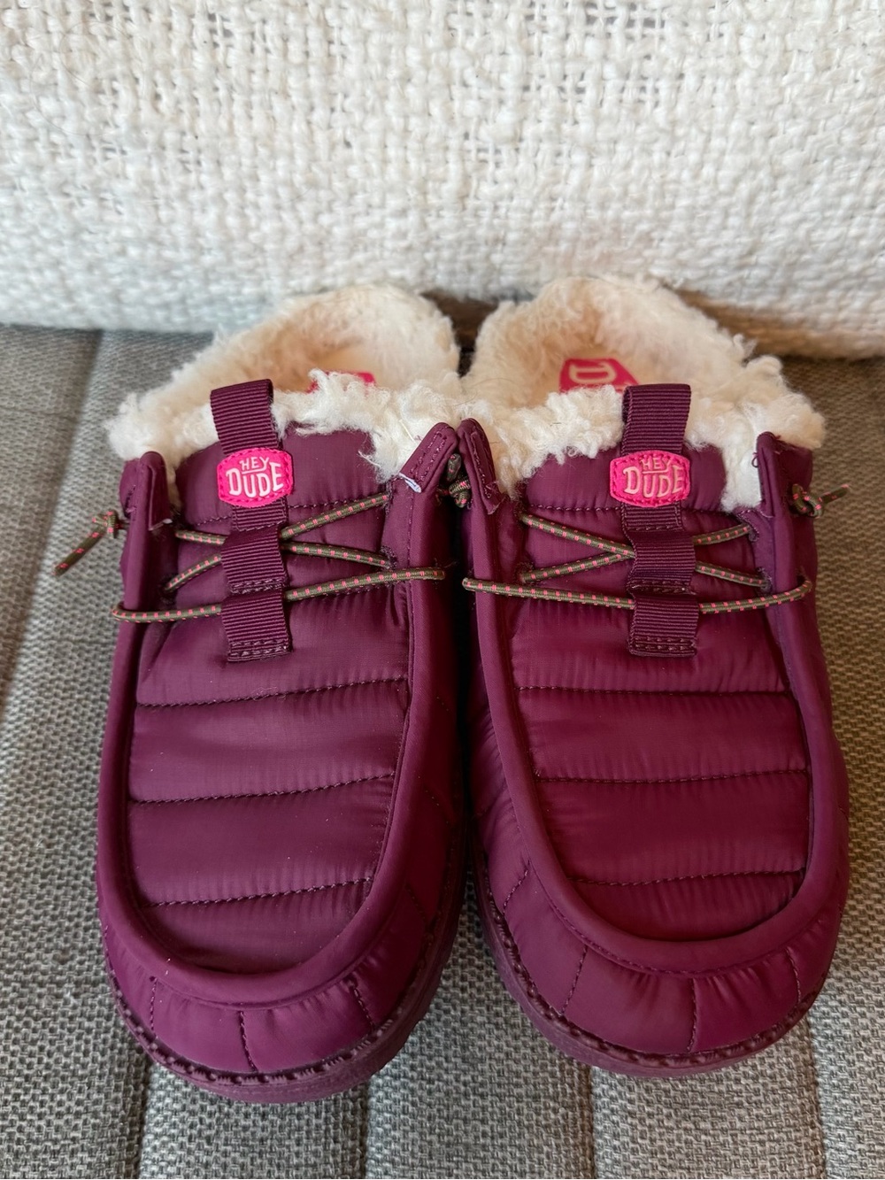 Hey Dude Burgundy Quilted Faux-Fur Lined Slip-Ons with Pink Logo - Picture 4 of 8